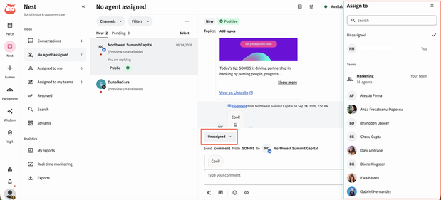 Assigning a message to a team member in Hootsuite Nest
