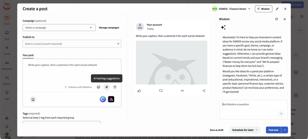 Adding hashtag recommendations to a social media post in Hootsuite