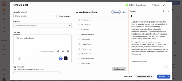 Selecting hashtag recommendations in Hootsuite