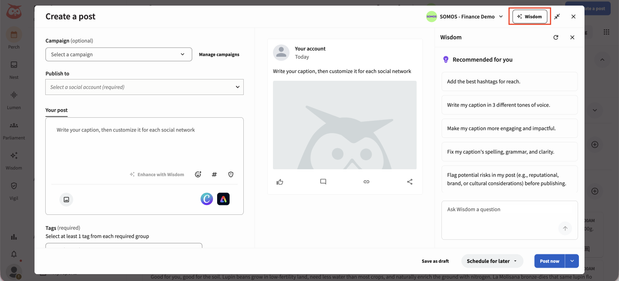 Hootsuite Perch to create a post using the help of Wisdom