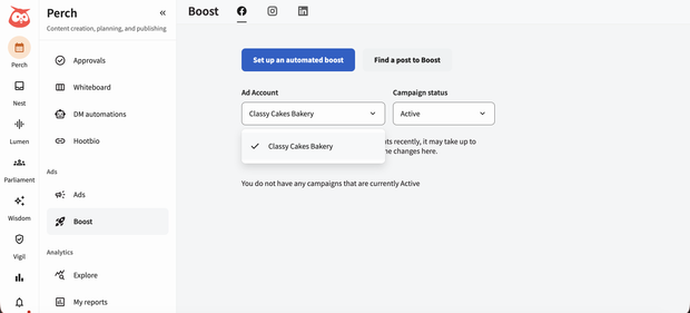 select an Instagram page and ad account