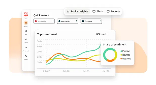Quick Search showing topic sentiment and the share of positive, neutral, and negative conversations.