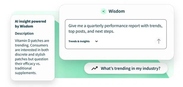 Wisdom interface showing AI-powered social insights and a prompt