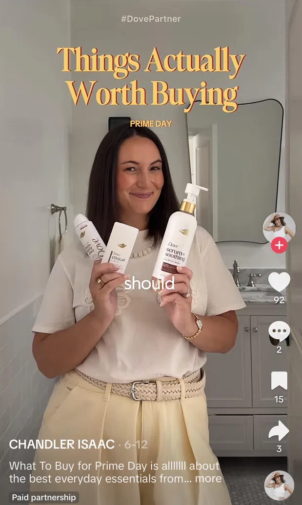 TikTok creator showing beauty products she recommends buying