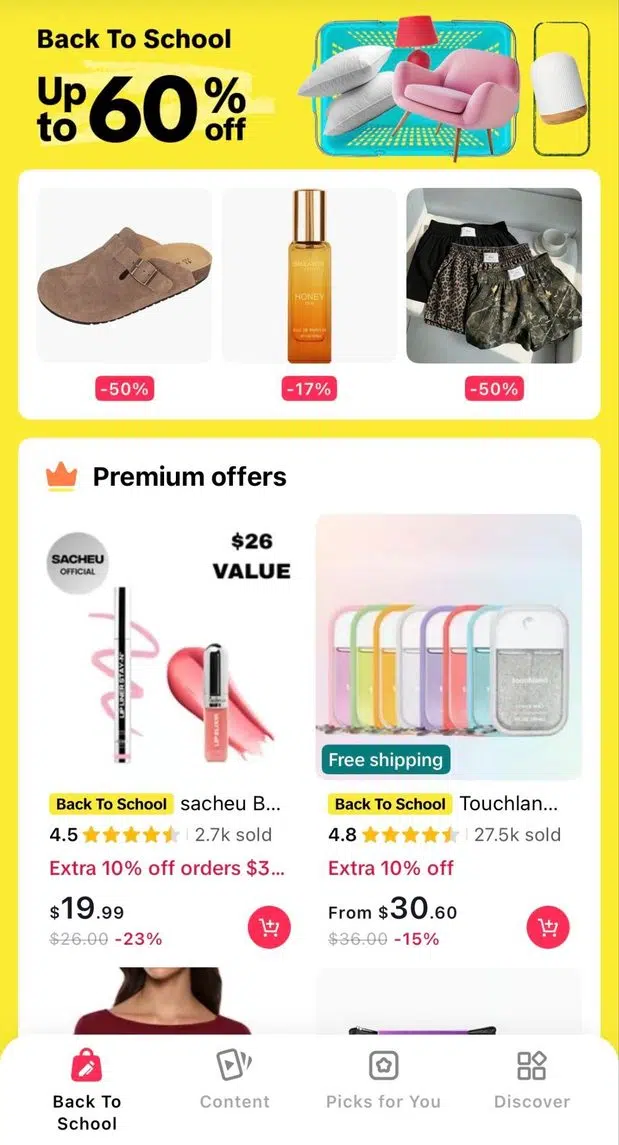 TikTok Shop homepage displaying back-to-school products and discounts