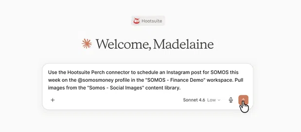 Claude chat with a prompt to schedule an Instagram post using Hootsuite