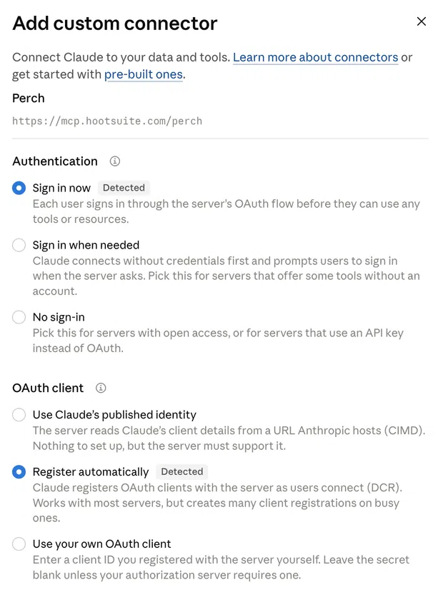 Claude's Add custom connector settings