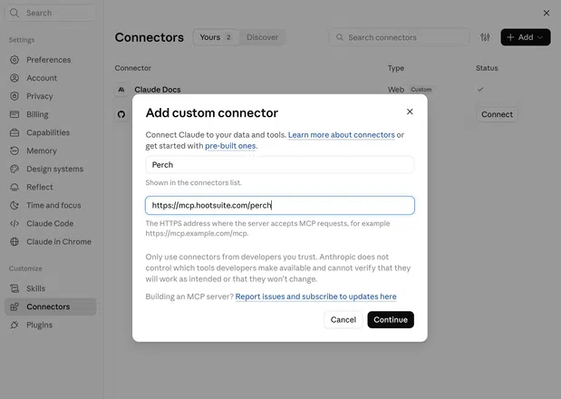 Claude's Add custom connector window with the Hootsuite Perch server URL entered