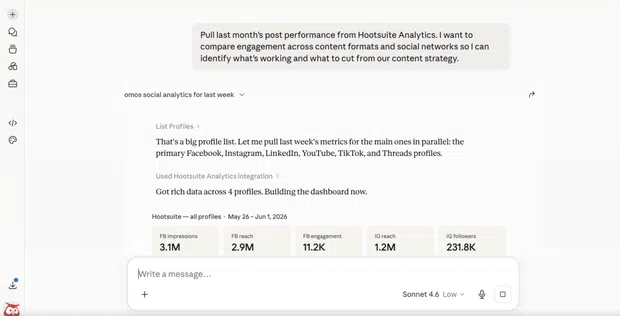 Claude chat showing social media performance metrics from Perch