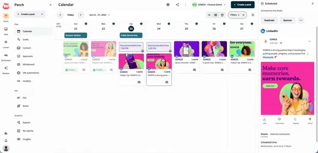 Perch content calendar showing scheduled social media posts