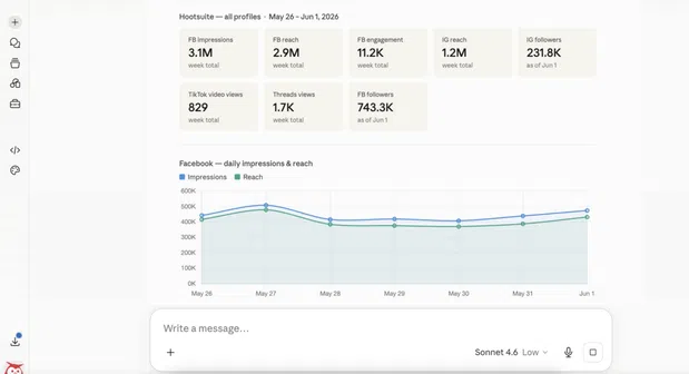 Claude chat pulling social media performance metrics from Perch