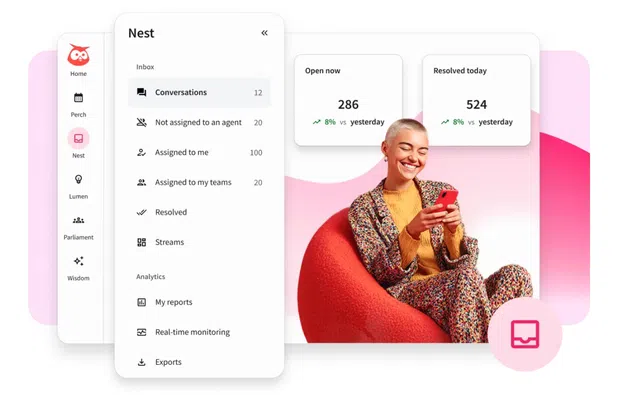 Nest dashboard showing customer conversations, open messages, and resolved messages