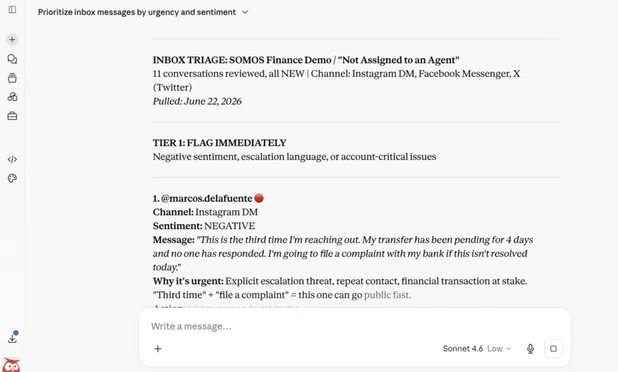 Claude chat showing a summary of customer messages organized by urgency and sentiment, all pulled from Nest