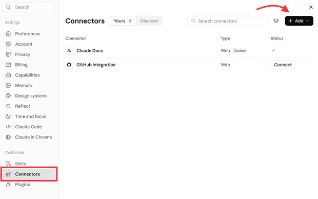 Claude's Connectors settings with the Connectors tab and Add button highlighted