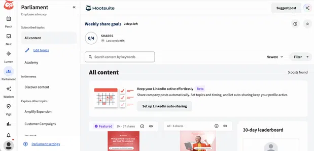 Employee advocacy dashboard