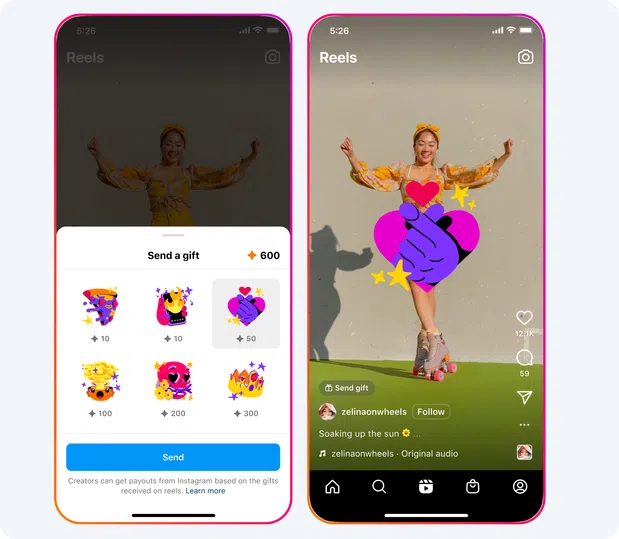 Gift options on Instagram Reels