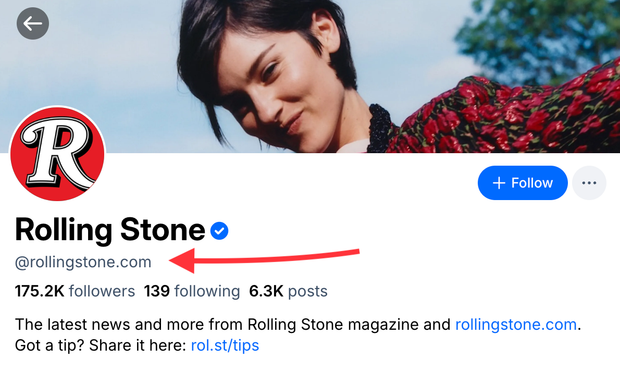 Rolling Stone's custom domain in Bluesky
