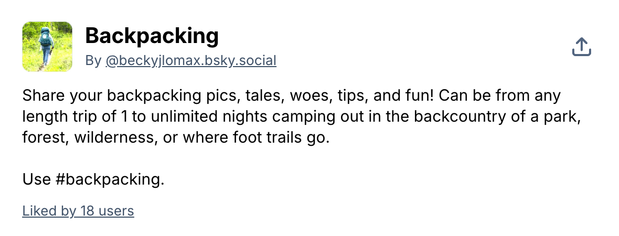 The description for the Backpacking custom feed on Bluesky