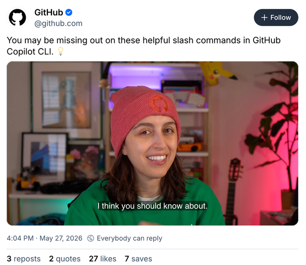 Post from GitHub on Bluesky showing helpful slack commands