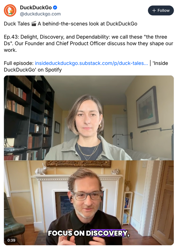 A video from DuckDuckGo on Bluesky featuring its Founder and Chief Product Officer
