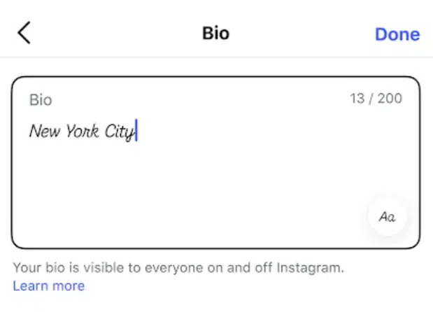 Instagram bio written in a new font