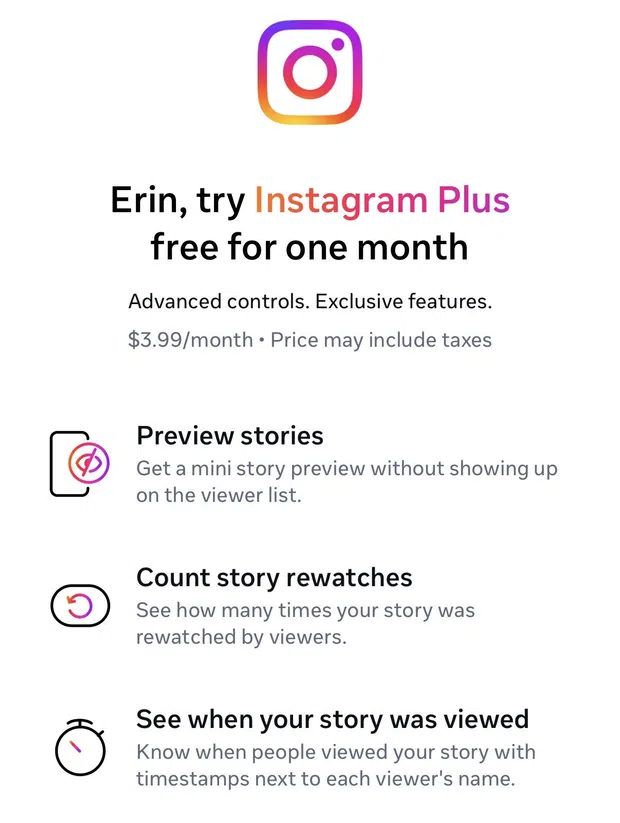 Instagram Plus free trial offer