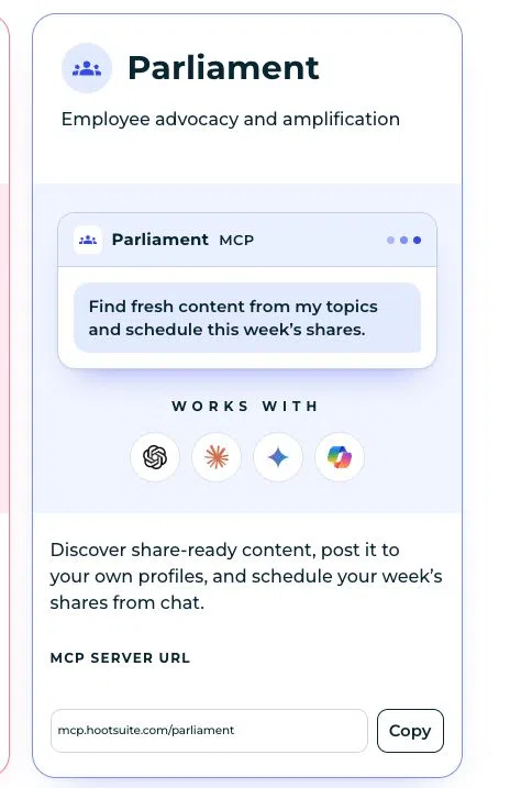 Parliament MCP lets content admins find fresh content and schedule shares directly from an AI chat tool.