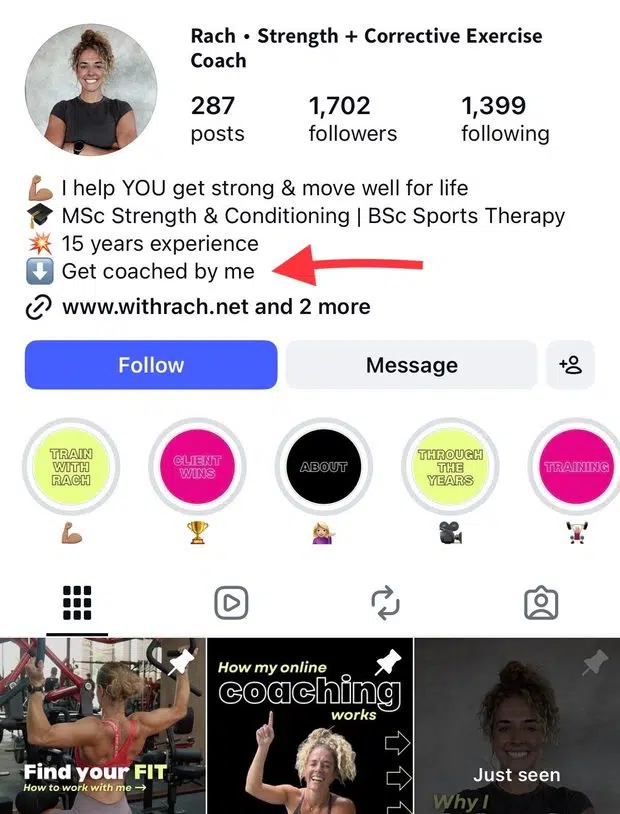 A fitness influencer advertising coaching services in Instagram bio