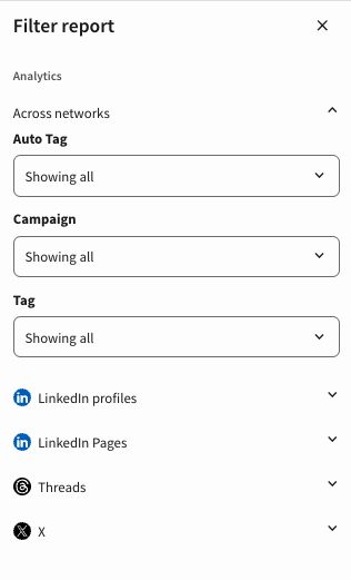 Tag, auto-tag, and campaign filters now live together under Across networks in the filter report panel.