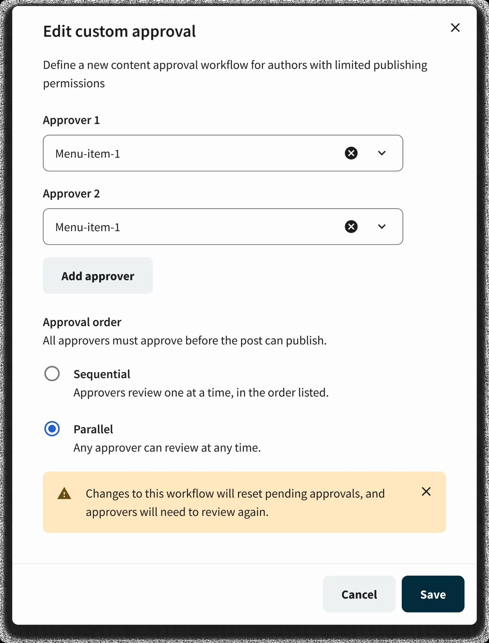 Switch an approval chain to Parallel mode so every approver can review at the same time.