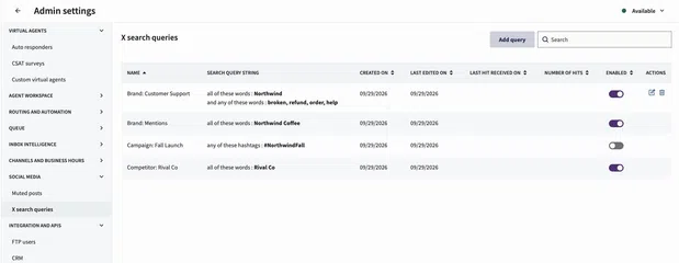 X search queries can now be managed, filtered, and fed into automated workflows from one admin view.