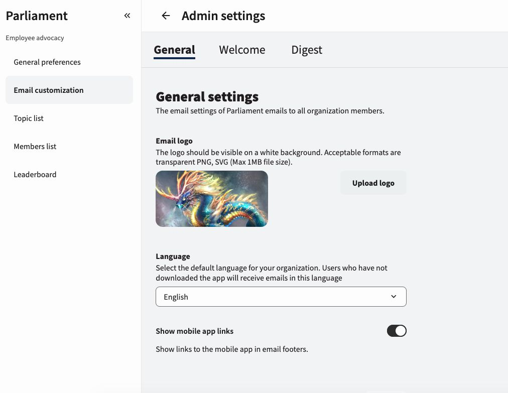 Turn mobile app download links on or off directly in Parliament's email customization settings.